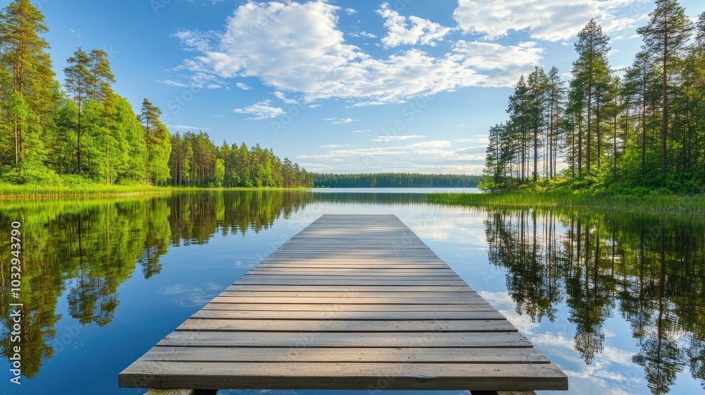 Serene Lake View with Wooden Pier Under Blue Sky Serene Lake View with Wooden Pier Under Blue Sky