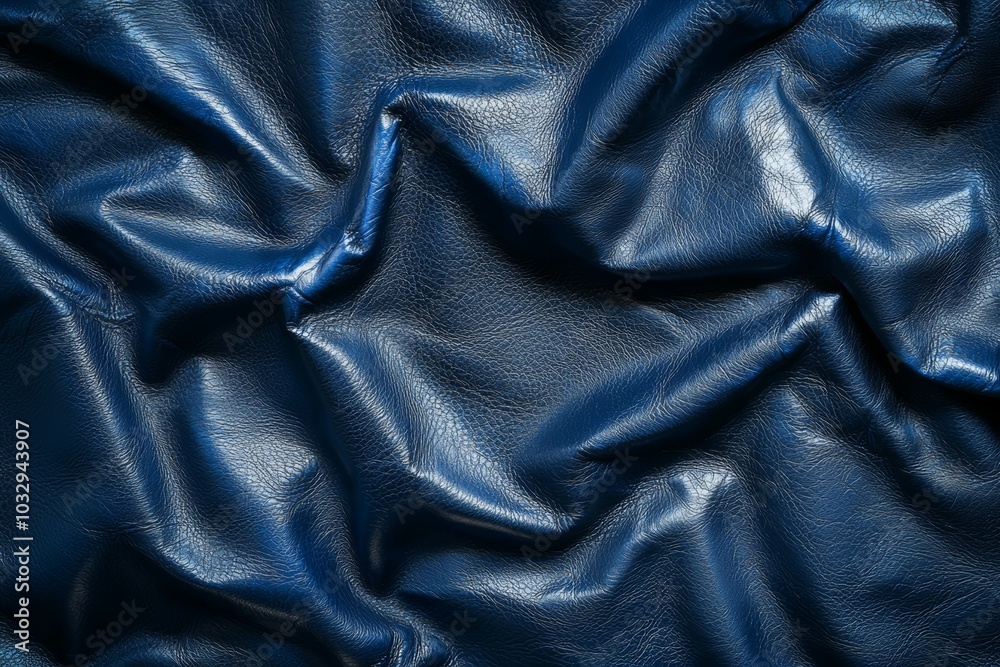 Deep blue leather texture with intricate folds and creases in natural light Deep blue leather texture with intricate folds and creases in natural light