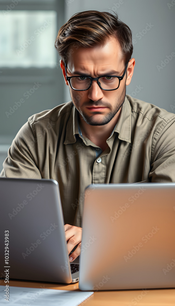 Portrait of dissatisfied male watching at notebook computer while situating at desk. Uneasy employer at labor concept isolated with white highlights, png Portrait of dissatisfied male watching at notebook computer while situating at desk. Uneasy employer at labor concept isolated with white highlights, png