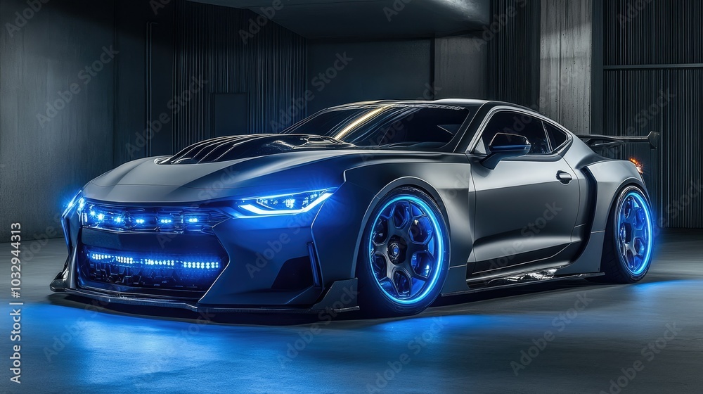 Futuristic Sports Car with Neon Lights in Dark Environment Futuristic Sports Car with Neon Lights in Dark Environment