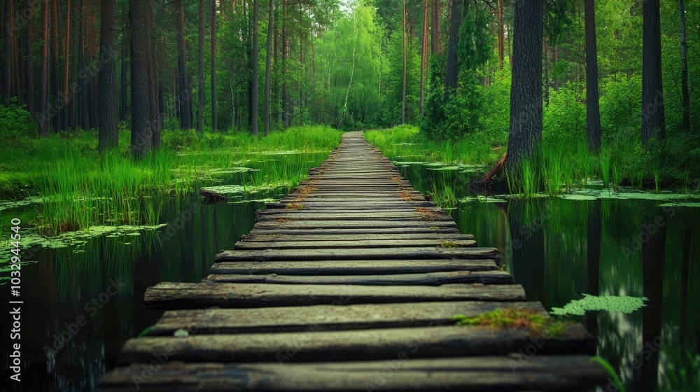 Obraz premium Serene Wooden Pathway Through Lush Green Forest