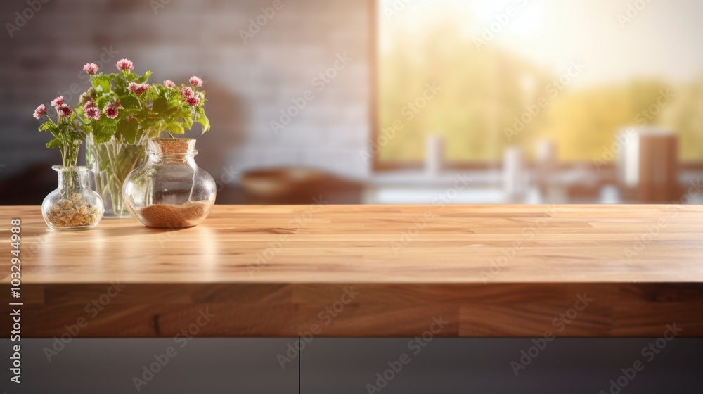 A wooden counter top with a vase of flowers and a jar of seeds A wooden counter top with a vase of flowers and a jar of seeds