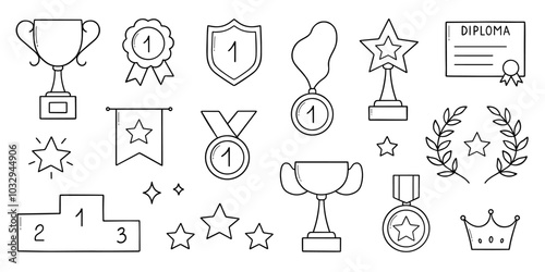 Awards, champion, winner prize doodle set. Trophy cups, medals, orders, flag, ribbon in sketch style. First place elements. Hand drawn vector illustration isolated on white background.