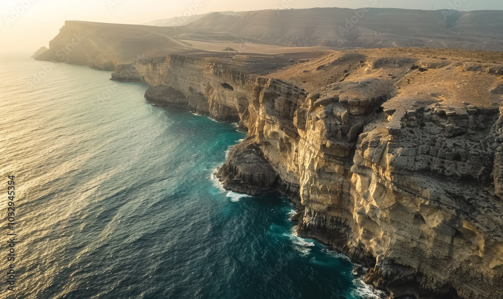 Obraz premium hidden rocky island surrounded by blue waters and coral reefs, golden sunlight reflects on waves, untouched, rugged terrain