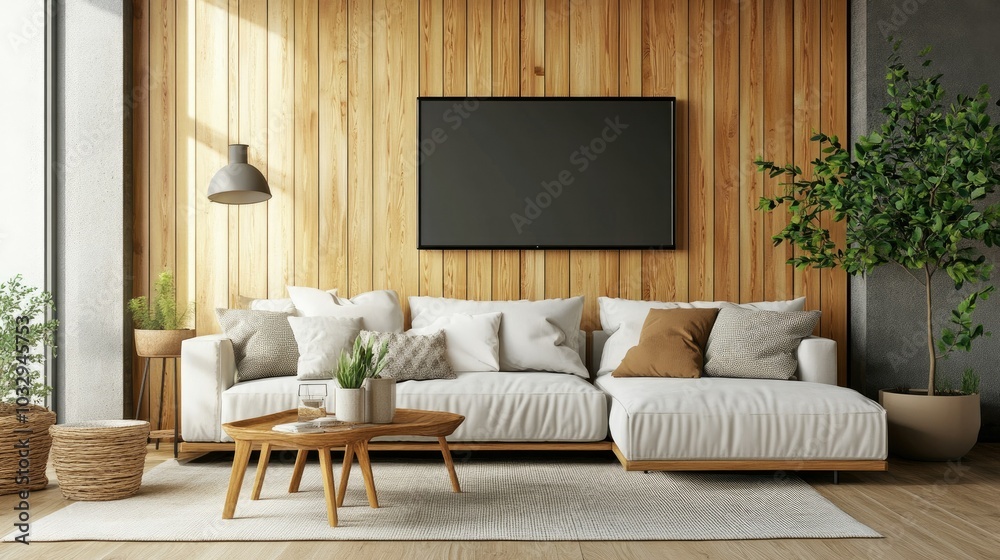 Modern Living Room with Cozy Sofa and Natural Elements Modern Living Room with Cozy Sofa and Natural Elements