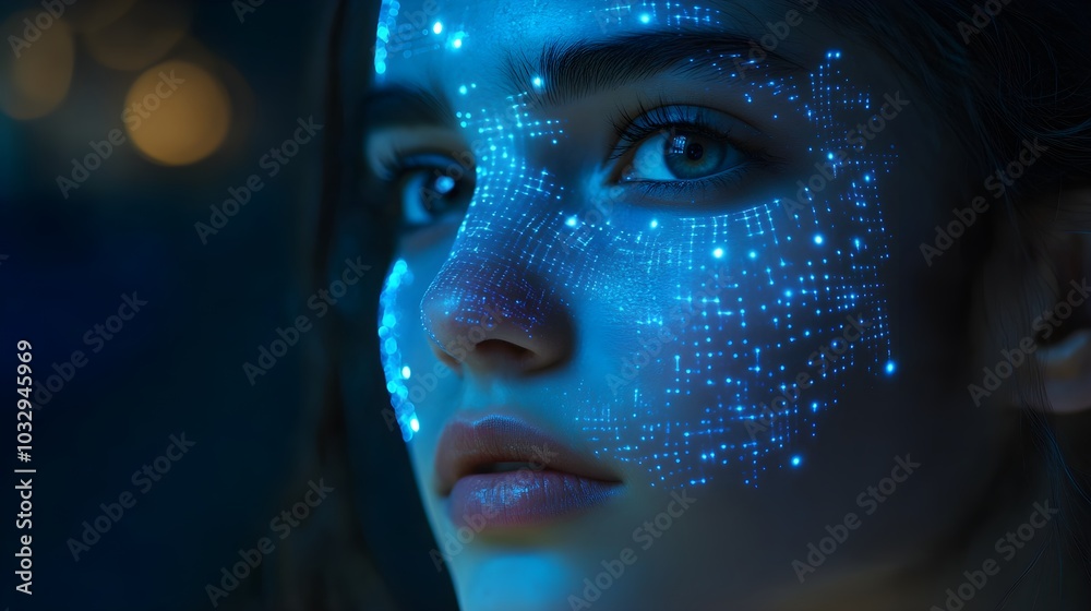 High-tech facial recognition grid projected onto a young woman's face, glowing softly in the darkness, sharp digital lines, modern cyber aesthetic High-tech facial recognition grid projected onto a young woman's face, glowing softly in the darkness, sharp digital lines, modern cyber aesthetic