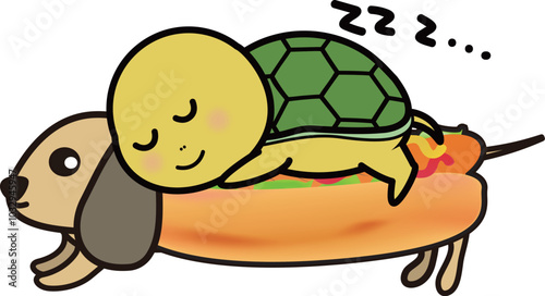 ホットドッグの上で寝る可愛い亀のキャラクターイラスト