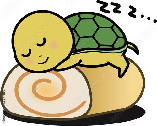 ロールケーキの上で寝る可愛い亀のキャラクターイラスト
