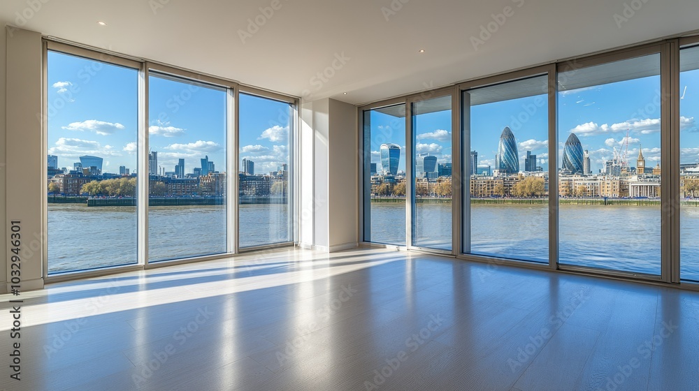 Fototapeta premium Modern Interior with River View and City Skyline