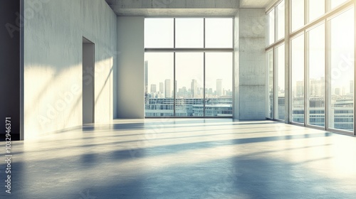 Modern Empty Room with Large Windows and City View