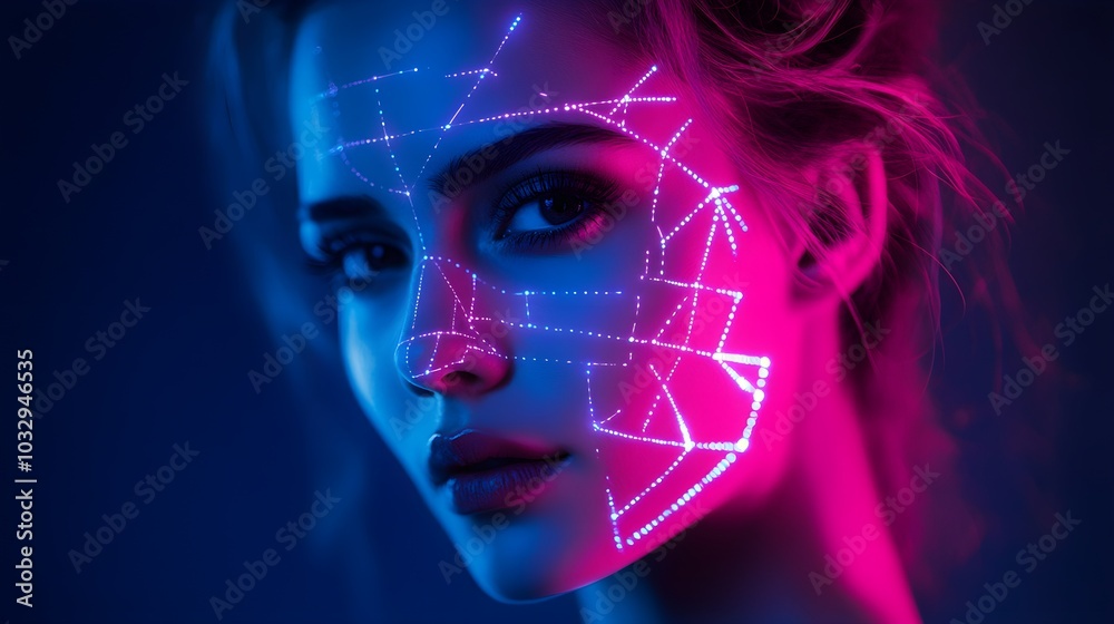 Young woman with facial recognition mapping overlay, geometric lines lighting up on her face, holographic effect, cybernetic aesthetic, vibrant neon colors, sci-fi Young woman with facial recognition mapping overlay, geometric lines lighting up on her face, holographic effect, cybernetic aesthetic, vibrant neon colors, sci-fi