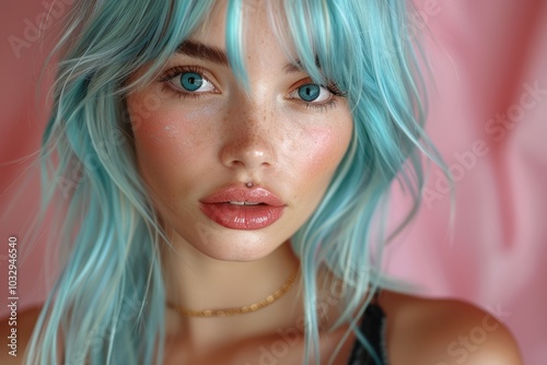 Unreal vibrant portrait of girl with pink blue hair, creating playful ethereal look. Perfect for modern fashion beauty campaigns, emphasizing bold colors youthfulness.