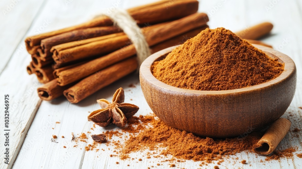 Ground Cinnamon and Sticks on Wooden Table Ground Cinnamon and Sticks on Wooden Table