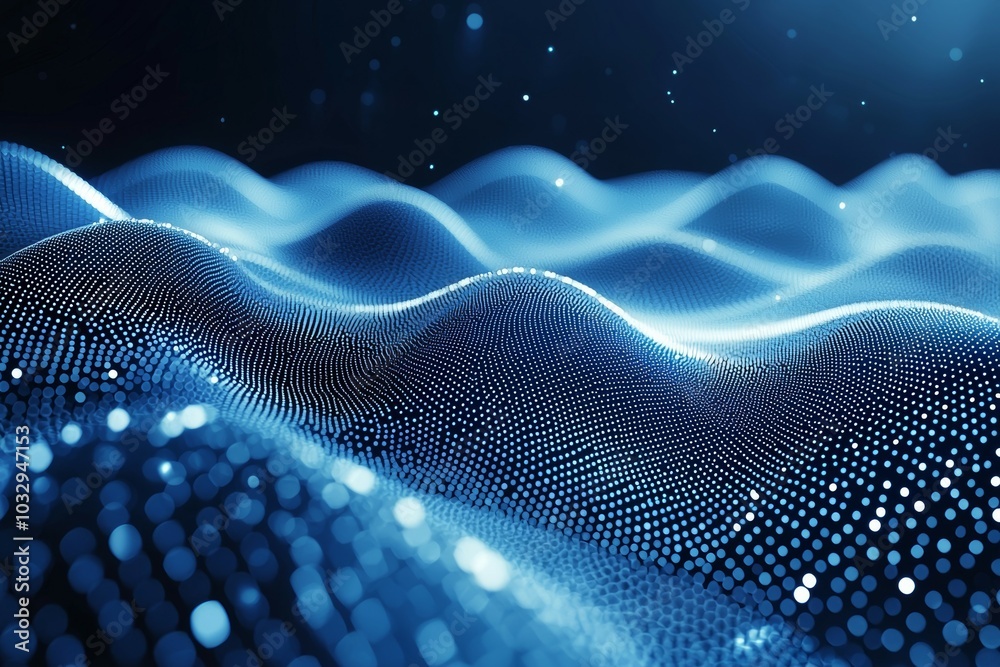 Abstract blue wave patterns created by digital particles floating in a dark space environment Abstract blue wave patterns created by digital particles floating in a dark space environment