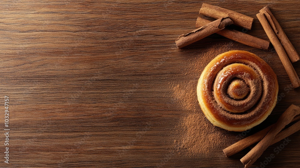 Delicious Cinnamon Roll on Wooden Surface Delicious Cinnamon Roll on Wooden Surface