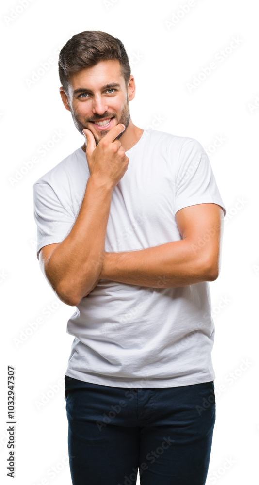 Young handsome man over isolated background looking confident at the camera with smile with crossed arms and hand raised on chin. Thinking positive. Young handsome man over isolated background looking confident at the camera with smile with crossed arms and hand raised on chin. Thinking positive.
