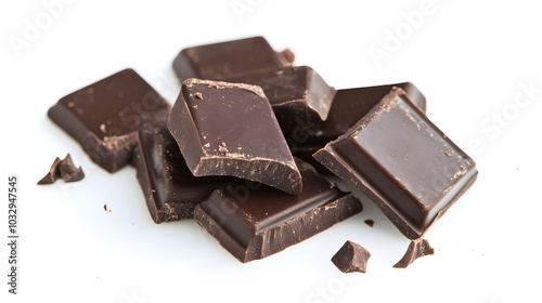 Pieces of dark chocolate isolated on white background.