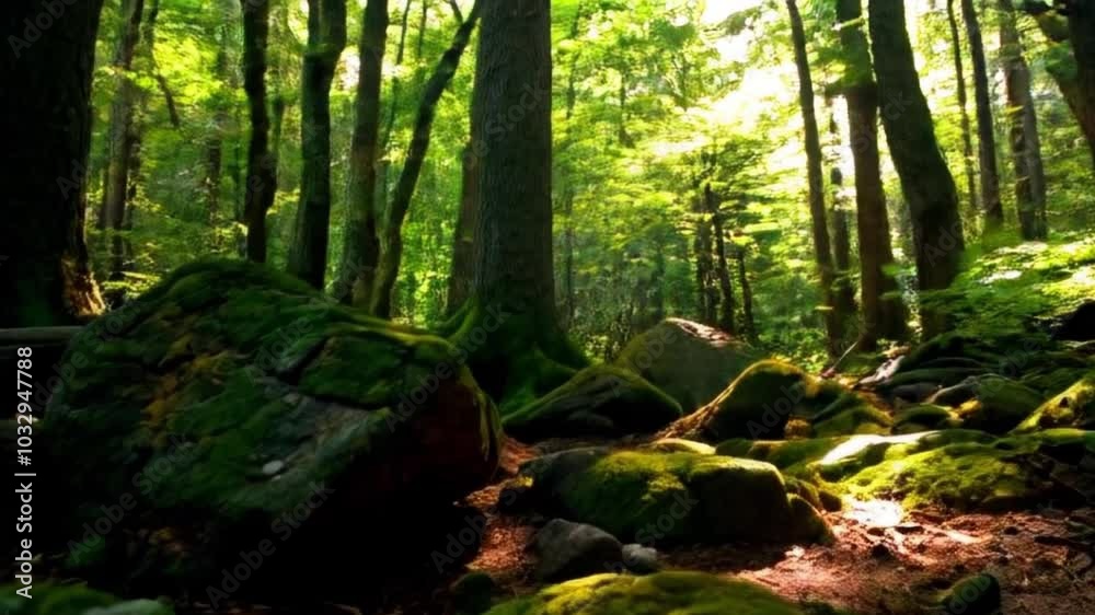 Calming video trailer capturing the serene beauty of a forest floor, focusing on the texture of moss-covered rocks and soft earth illuminated by sunlight. Calming video trailer capturing the serene beauty of a forest floor, focusing on the texture of moss-covered rocks and soft earth illuminated by sunlight.