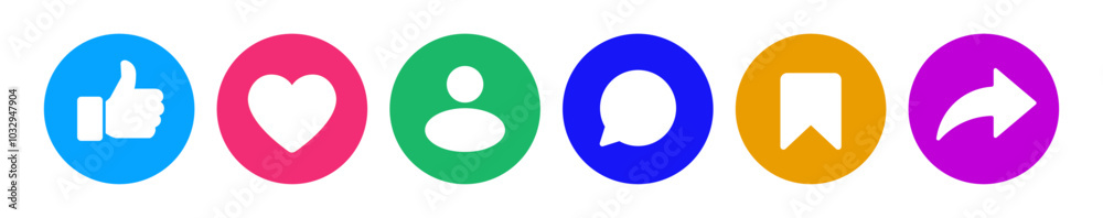 Me gusta, amor, corazón, pulgar hacia arriba, volver a publicar, comentar, compartir, guardar, botón de inicio de sesión de usuario de historias en círculo y formas de burbujas de discurso, reacciones