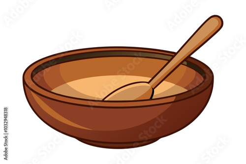  Empty clay bowl with a wooden spoon