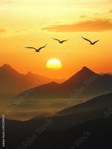 Sunset Serenade: High-Def Photography of Mountains and Skies with Soaring Birds