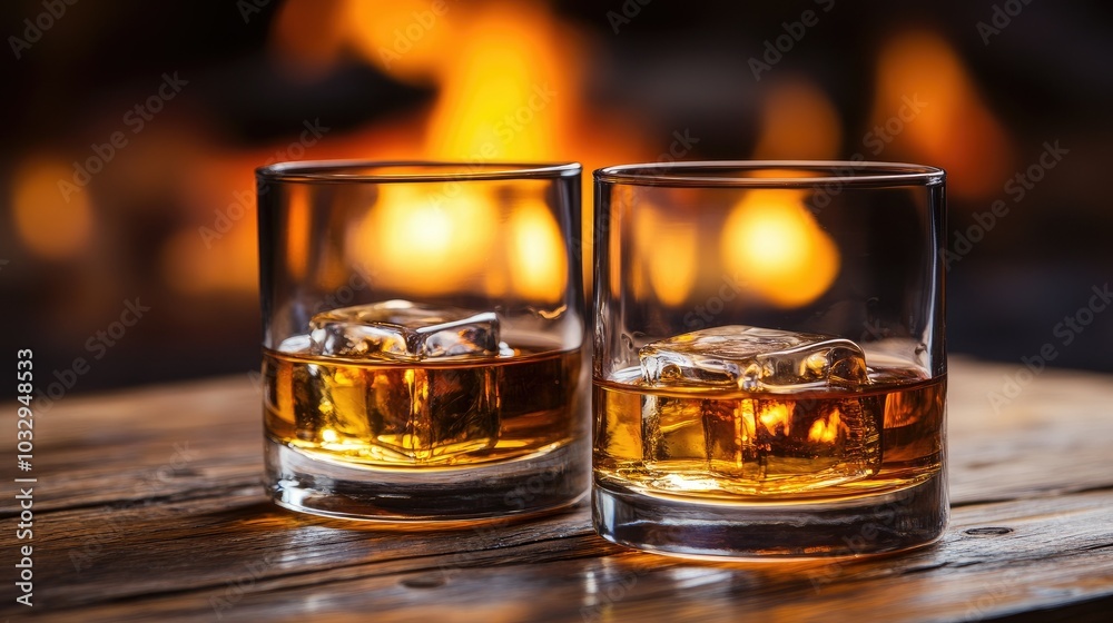 Glasses of Whiskey on Wooden Table by Firelight Glasses of Whiskey on Wooden Table by Firelight