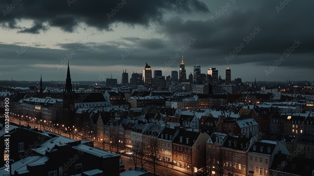 Obraz premium A panoramic view of a city skyline at dusk with a dramatic cloudy sky. The cityscape is illuminated by streetlights and the buildings are covered in snow.