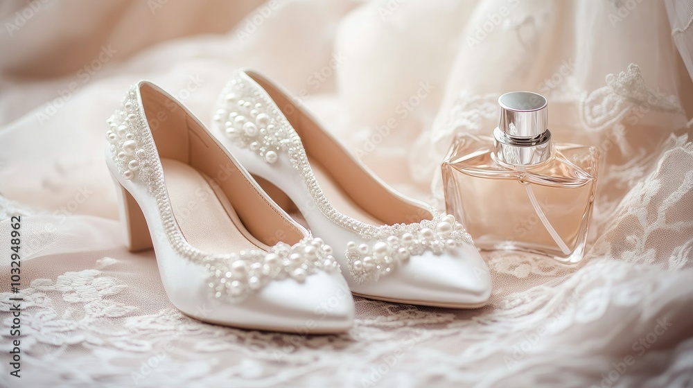 Elegant White Wedding Shoes with Perfume Display Elegant White Wedding Shoes with Perfume Display