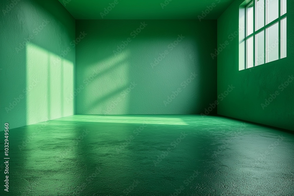 A large, empty room with a green wall and a window A large, empty room with a green wall and a window