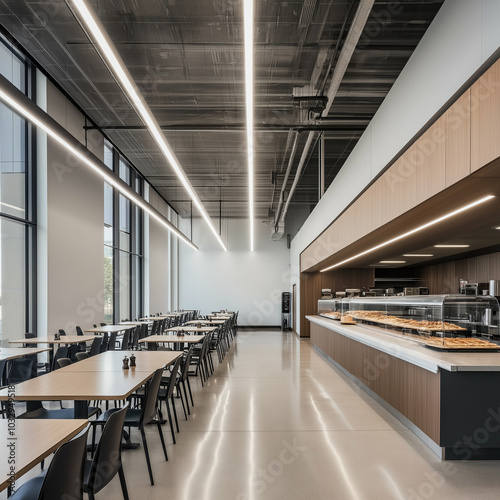 Campus Dining Redefined: A University Cafeteria with Long Communal Tables and Modern Appeal