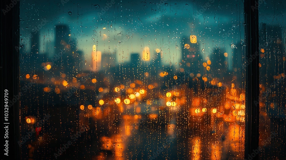 Obraz premium Close-up of raindrops on a window with a blurred cityscape in the background. Warm tones create a cozy, calm atmosphere. Ideal for urban weather themes or mood-setting designs.