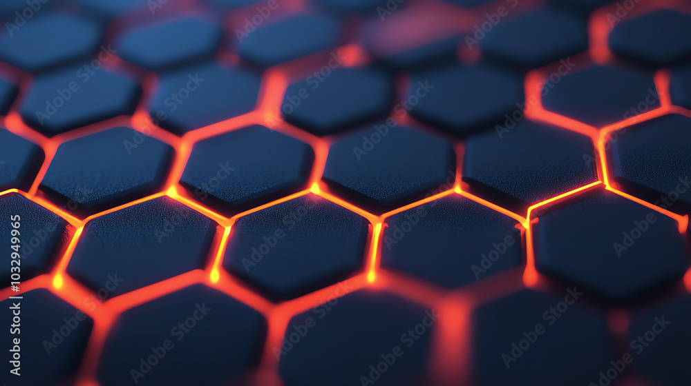 Close-up view of a hexagonal honeycomb pattern glowing with vibrant orange light against a dark background, showcasing an intricate design. Close-up view of a hexagonal honeycomb pattern glowing with vibrant orange light against a dark background, showcasing an intricate design.