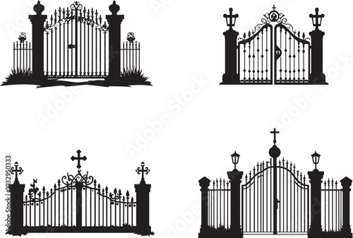 Silhouette of wrought iron gate, graveyard gate halloween vector icon