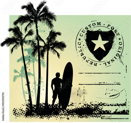 surf grunge scene with shield and gradient background
