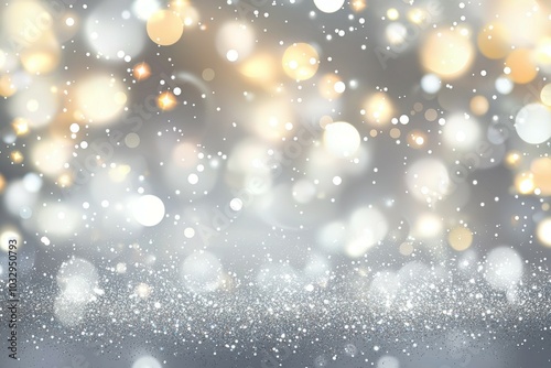 A blurry image of snowflakes falling on a grey background