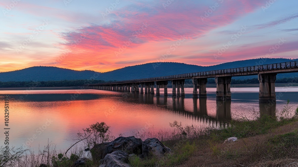 Serene Sunset Over Calm Water and Bridge Reflections Serene Sunset Over Calm Water and Bridge Reflections