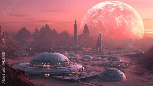 A futuristic Mars colony, circular in design with domed habitats radiating from a central hub, set against the red planet's barren landscape under a pink sky photo