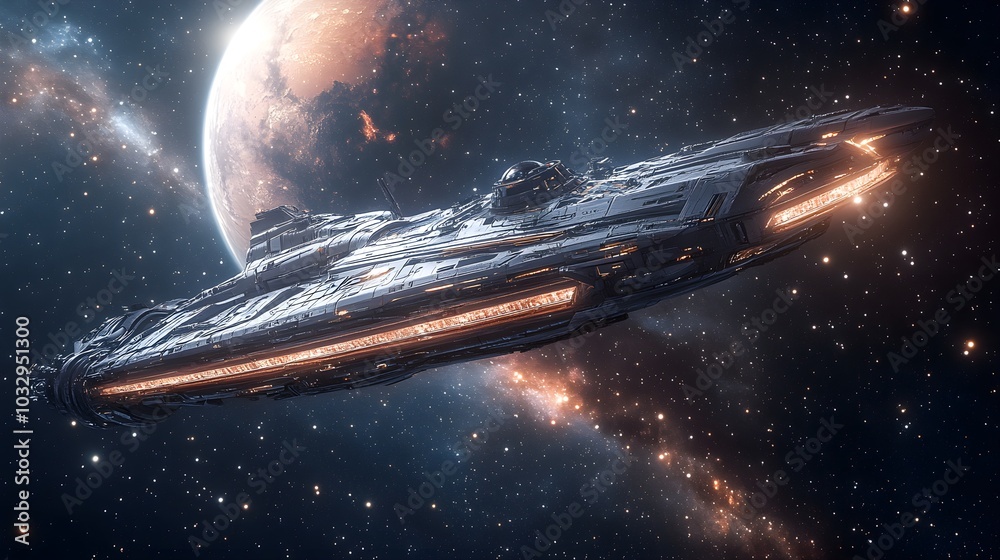 A futuristic spacecraft with massive rotating rings, using centrifugal force to generate gravity, stars and planets visible in the background A futuristic spacecraft with massive rotating rings, using centrifugal force to generate gravity, stars and planets visible in the background