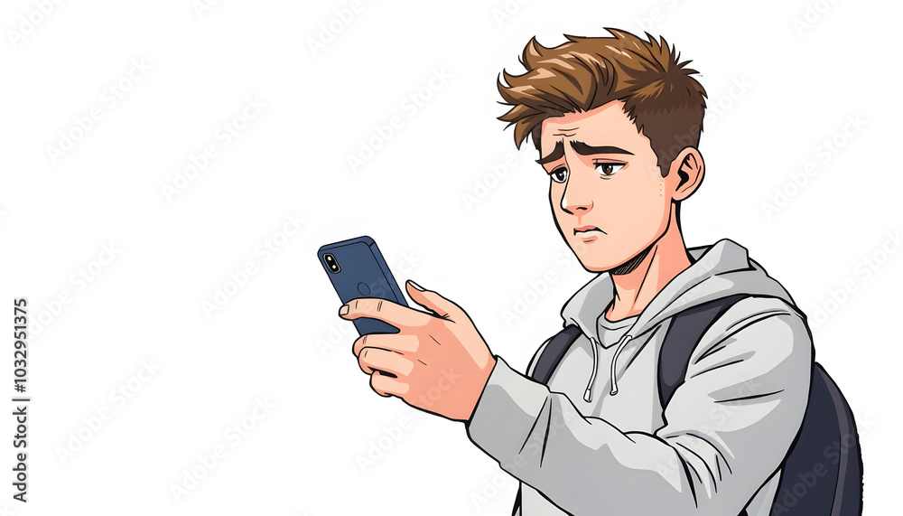 Young caucasian man using mobile phone isolated on white background with sad expression isolated with white highlights, png Young caucasian man using mobile phone isolated on white background with sad expression isolated with white highlights, png