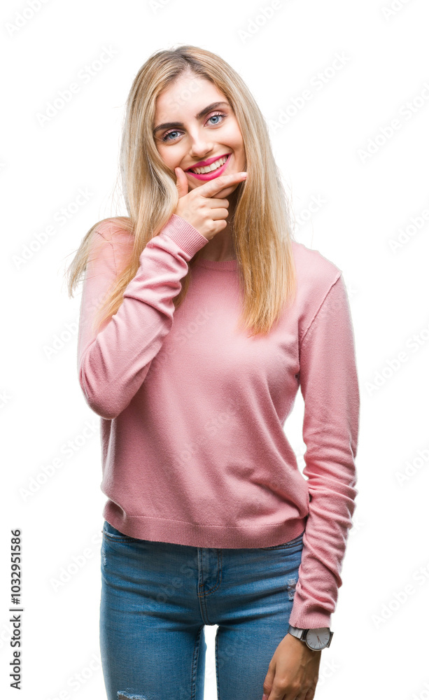 Young beautiful blonde woman wearing pink winter sweater over isolated background looking confident at the camera with smile with crossed arms and hand raised on chin. Thinking positive. Young beautiful blonde woman wearing pink winter sweater over isolated background looking confident at the camera with smile with crossed arms and hand raised on chin. Thinking positive.