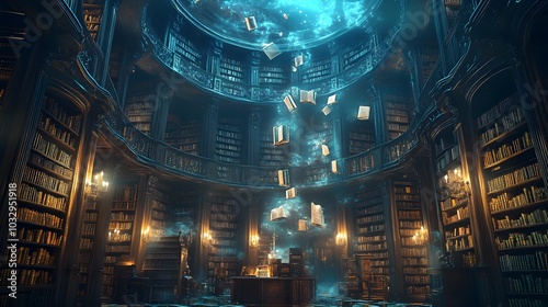 A grand circular library with towering shelves of ancient books, enchanted volumes glowing as they float in mid-air, magical atmosphere with dim lighting