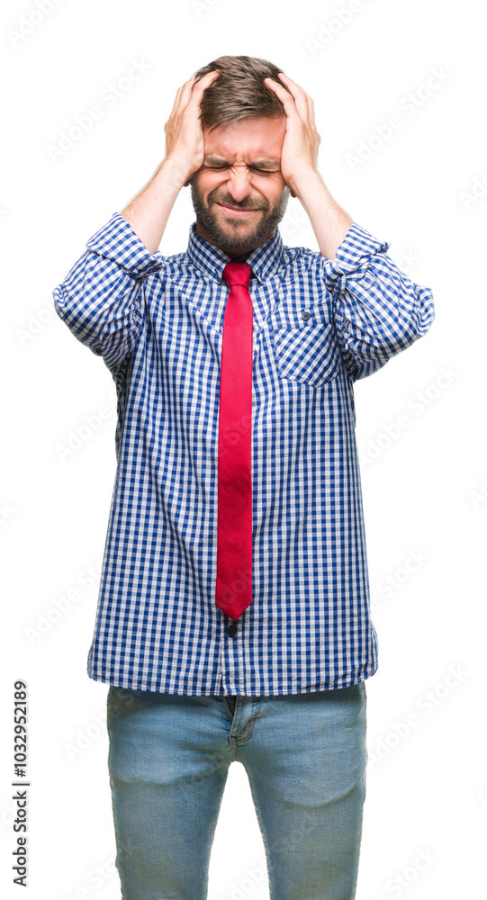 Young handsome business man over isolated background suffering from headache desperate and stressed because pain and migraine. Hands on head.