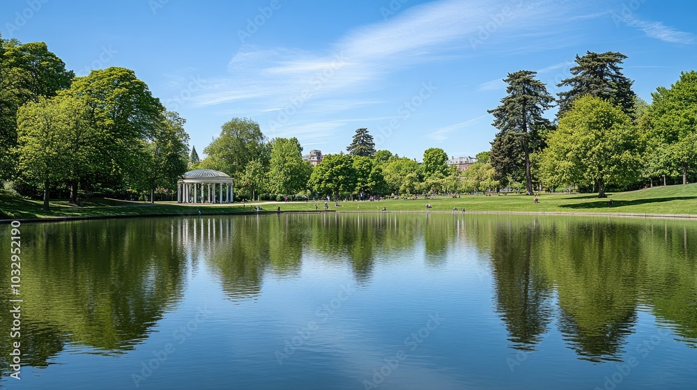 Fototapeta premium Tranquil Park Scene with Reflective Water Surface