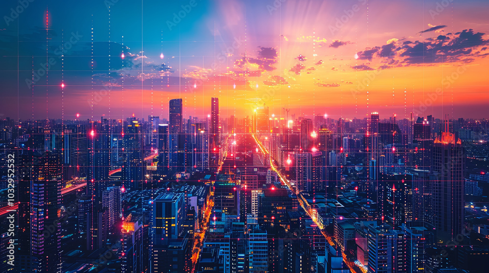Fototapeta premium Minimalist digital cityscape featuring AI data lines overlaying modern buildings, illustrating the integration of artificial intelligence in shaping future urban environment