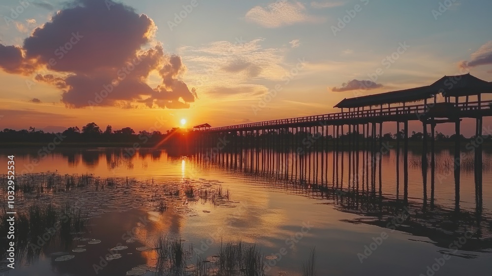 Serene Sunset Over Tranquil Water and Wooden Bridge Serene Sunset Over Tranquil Water and Wooden Bridge