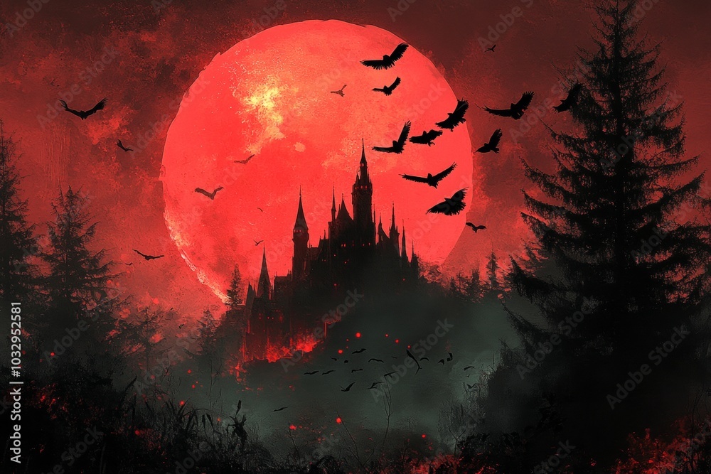 A painting of a castle with a large red moon A painting of a castle with a large red moon