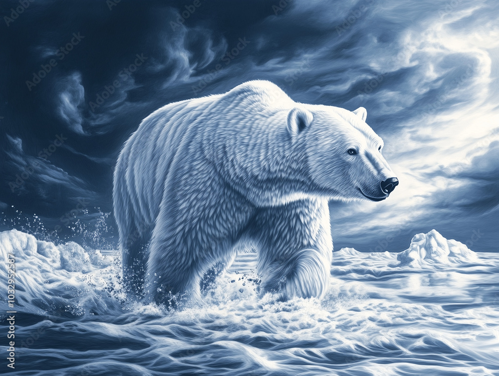 Fototapeta premium Chilly Blue and White Charcoal Shades Capture a Roaming Polar Bear