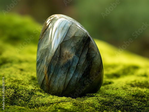 Exquisitely Shaped Labradorite Stone on a Soft Mocha Silk Backdrop