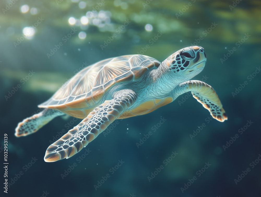 Fototapeta premium Underwater Serenity: A Serene Turtle Underwater in Realistic Pastel Tones