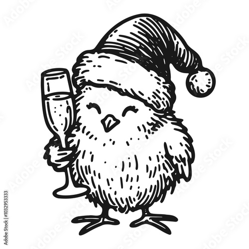 baby chick holding a champagne glass, happy new year chicken sketch